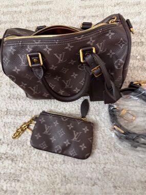 Dark Brown Speedy P9 soft Monogram Satchel with Matching Pouch